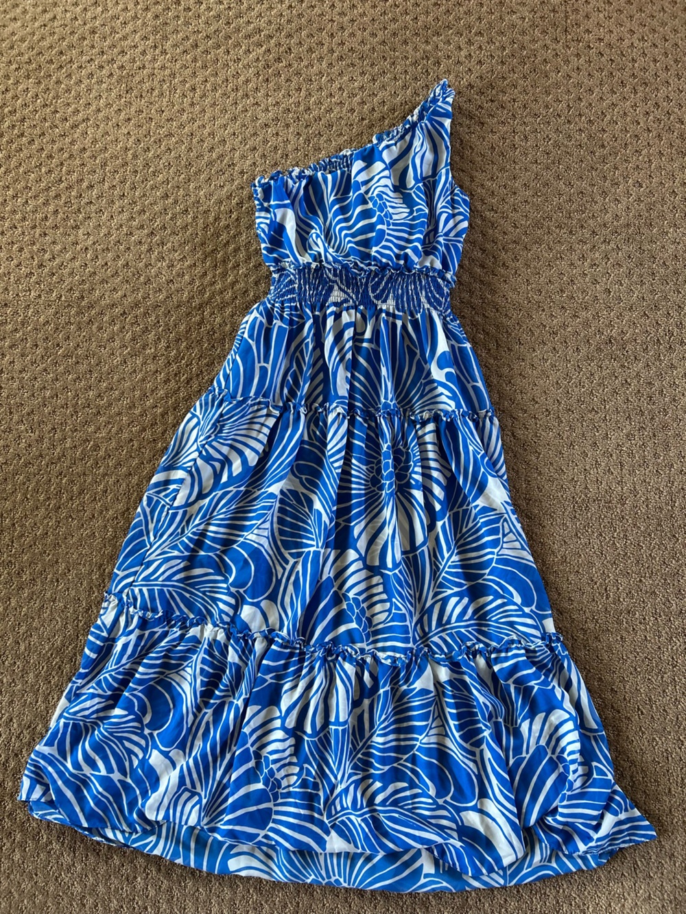 One-Shoulder Blue White Tropical Maxi Dress